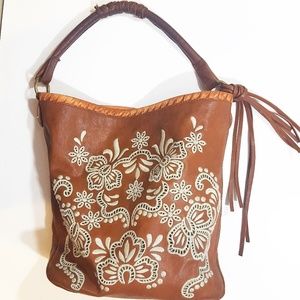 Isabella Fiore Luxe Embroidered Tan/White Hobo Bag